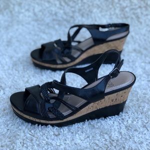 Impo Nancy Black Wedge Ankle Strappy Sandal NWOT